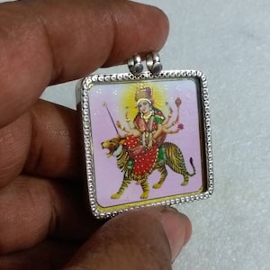 Handgemachte 92,5 Sterling Silber Hindu Göttin Durga Mata religiöse Fotodruck Glas eingerahmt Silber Anhänger Boho Einzigartige Schmuck Halskette