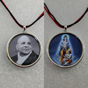 Handmade 92.5 Sterling Silver Blessing God Ram Hanuman And The Swami Sivananda Spiritual Guru Both Side PhotoPrint Reversible Silver Pendant