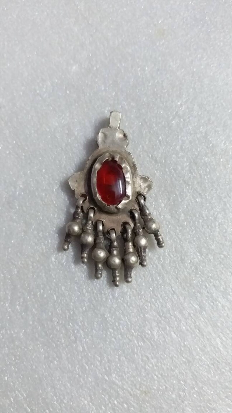 Handmade Vintage Rare Real Old Sterling Silver Dangles Red and green Stone Pendant Tribal Boho Charm Antique Silver Bell Necklace Pendant