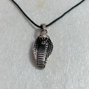May include: A silver cobra pendant necklace with a black cord. The pendant is detailed with scales and a raised cobra head.