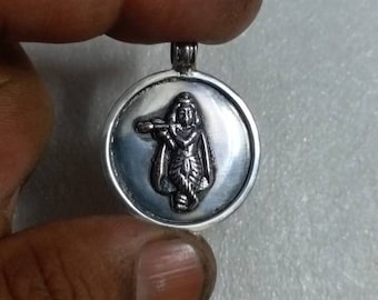 Handmade 92.5 Stamp Sterling Silver Hammered Hindu Deity Lovely Shree Murlidhar Krishna Charm Tribal Boho Religious Pendant Silver Necklace