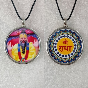 92.5 Sterling Silver Glass Framed Shree Spiritual Guru Premanand Swami ji& Powerfull Name of God Krishna Shri Radhe Radhe Reversible Pendant