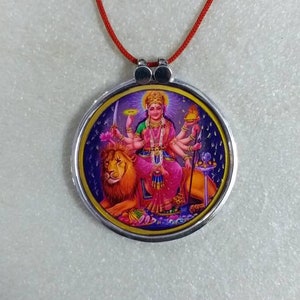 Handgemachte 92,5 Sterling Silber Hindu Göttin Durga Mata Religiöse Fotodruck Glas Eingerahmt Silber Anhänger Freie Mala Gottheit Einzigartige Halskette
