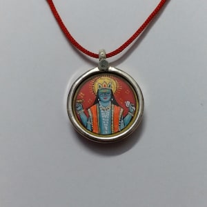 Handmade Vishnu Pendant Necklace: Miniature Painting, Sterling Silver