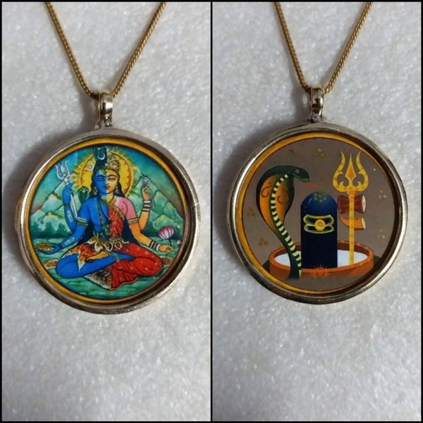 Fait main en verre en laiton jaune encadré Shiva Shakti Ardhnarishwar avec Shiva Lingam Yantra pendentif inversé impression photo pendentif religieux