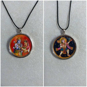 Handmade Pendant 92.5 Sterling Pendant Hindu Deity Ram Sita Reverse Hanuman ji Pendant Color Print Glass Framed Pendant Double Side Pendant