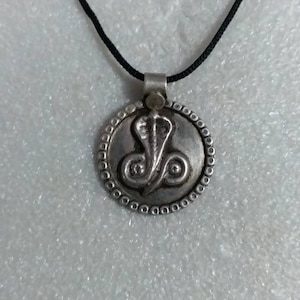 Könnte beinhalten: Silberne Halskette mit einem runden Anhänger, der eine gewickelte Schlange mit einer erhobenen Haube zeigt. Der Anhänger ist an einer schwarzen Schnur befestigt.