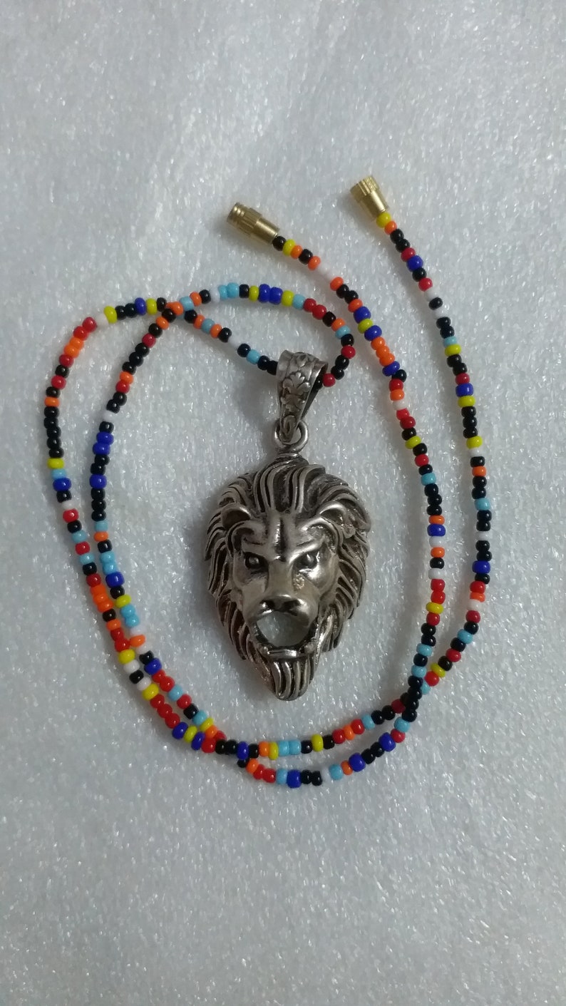 Handmade 92.5 Sterling Silver Deity Loin Face Charm Ethnic Boho Tribal Beautiful Handmade Silver Pendant\u00a0/& Multi Coloured Glass Beads Mall