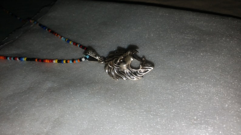 Handmade 92.5 Sterling Silver Deity Loin Face Charm Ethnic Boho Tribal Beautiful Handmade Silver Pendant\u00a0/& Multi Coloured Glass Beads Mall
