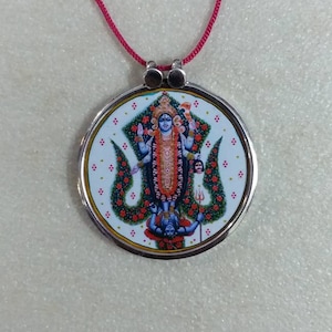 Handmade 92.5 Sterling Silver Hindu Deity Tantra Goddess Kali Mata Photo Print Glass Framed Religious Charm Unique Handmade Necklace Pendant