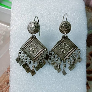 Vintage Before 2000s Rare Old High Grade Old Silver Handmade Indian Rajsthani Tribal Banjara Boho Charm Antique Hanging Leaf Earring Pair