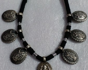 Handmade 92.5 Sterling Silver Hindu God Ganesha And Lovely Radha Krishna Adjustable Black Thread Very Comfortable Necklace