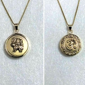 Handmade Hammered Yellow Brass reversible both side Deity Durga & om Sixth Chakra Brow or Agyna Chakra om Yoga Religious Pendant With Chain