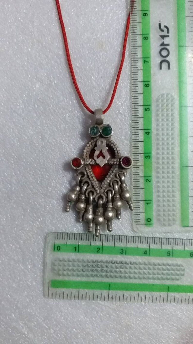 Handmade Vintage Rare Real Old Sterling Silver Dangles Red and green Stone Pendant Tribal Boho Charm Antique Silver Bell Necklace Pendant
