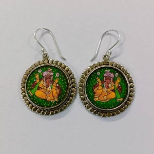 Handmade Hand Painted Indian Miniature Paper Painting Covered By 92.5 Sterling Silver Glass Framed Deity Lord Ganesha Silver Earring Pair