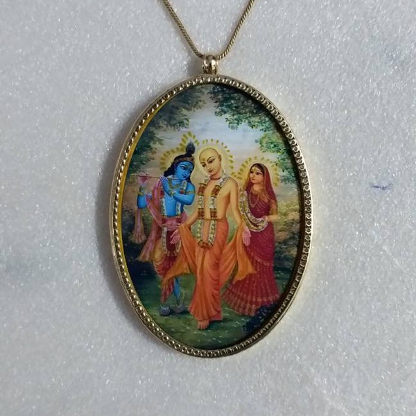 Handmade Glass Framed Hindu Deity Radha Krishna Friend Sudama Yellow Brass Oval Shap Photo Print Unique Religious Pendant With Brass Chain