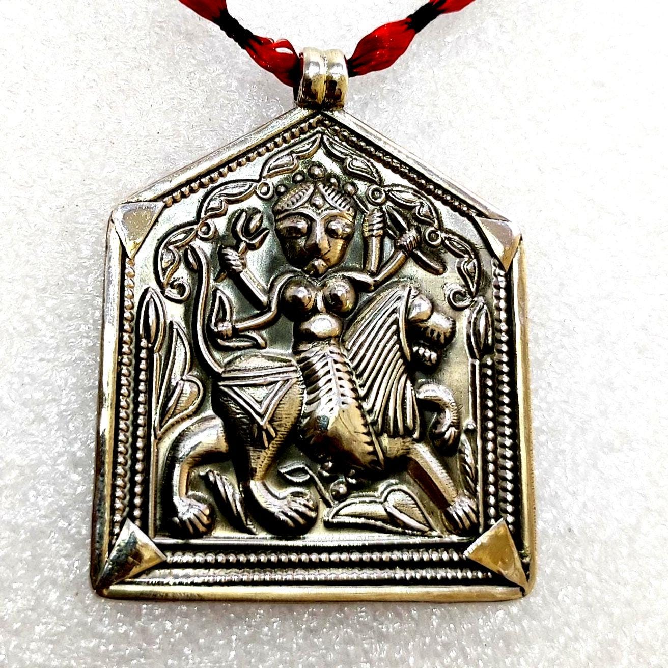 Handmade 92.5 Sterling Silver Mahavidhya  Goddess riding a Lion Maa Durga Tribal Charm Ethnic Pendant Religious Necklace Locket Boho Pendant