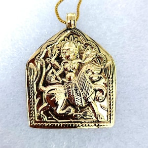 Handmade Yellow Brass Hindu Deity Lion Riding Goddess Maa Durga Religious Brass Pendant Charm Boho Tribal Pendant With 22 Inches Brass Chain