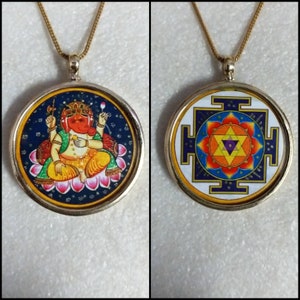 Handmade Ganesha Pendant Necklace: Yellow Brass Framed Hindu God, Yantra Print