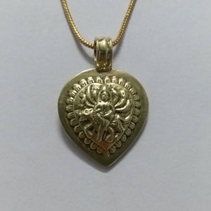 Handmade Hammered Yellow Brass Hindu Lion Riding Goddess Durga Maa Pendant With Brass Chain And Colour String Beautiful Tribal Necklace