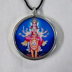 Handmade 92.5 Sterling Silver Hindu Goddess Durga Mata Religious Photo Print Glass Framed Tribal Unique Photo Silver Necklace Pendant Amulet