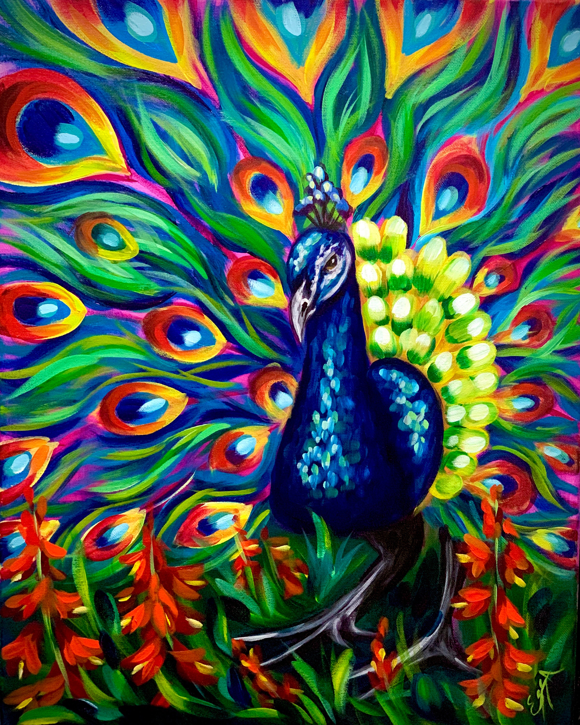 Peacock in Red Spike Flowers Original Painting - Etsy Peacock in Red Spike Flowers Original Painting - Etsy