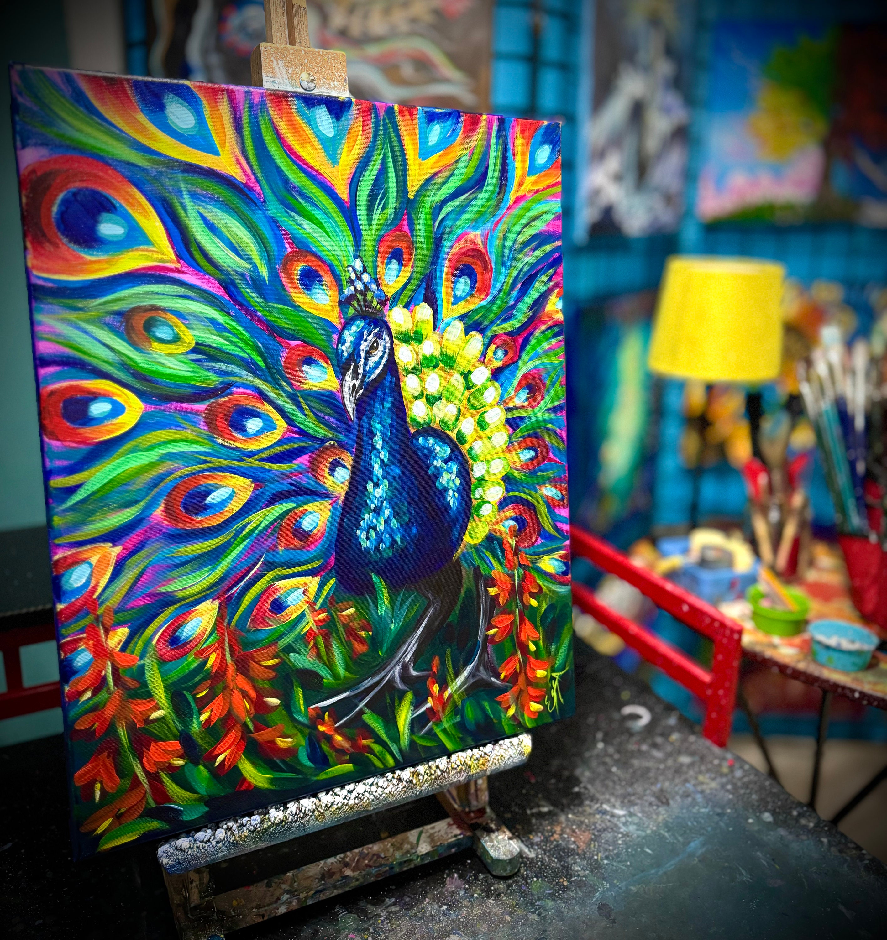 Peacock in Red Spike Flowers Original Painting - Etsy