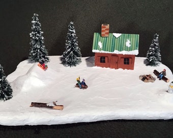 Winter cabin with sledders, Mini Christmas, Snow village accessory, One-of-a-Kind Gift, Winter diorama, Cabin in the woods