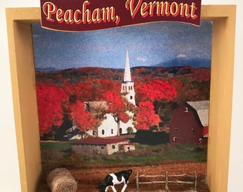 Peacham Vermont foliage souvenir, Handmade in Vermont gift, Shadow box keepsake decor, Famous Peacham scenery