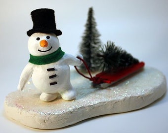Handmade snowman holiday decor, Unique Christmas gift, Tree on sled.