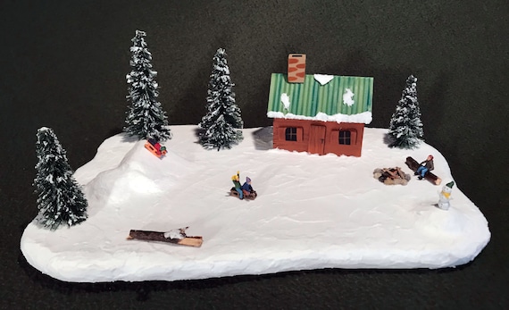 Winter cabin with sledders, Mini Christmas, Snow village accessory, One-of-a-Kind Gift, Winter diorama, Cabin in the woods