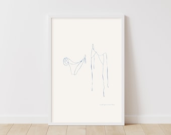 Skinny Dip - Bikini Line Drawing Blue on Tea Background - Line Drawing Art Print - Beach Print - Line Drawing Print