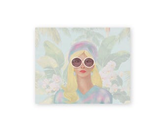 Palm Beach Lady 01 Art Print - Tropical Portrait Painting - Pink, Blue, Orchid, Palm Tree