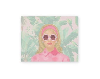 Palm Beach Lady 03 Art Print - Tropical Portrait Painting - Pink, Green, Palm Tree, Parrots