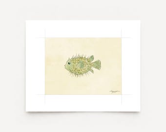 Puffer Fish Watercolor Print on Fine Art Paper - Coastal, Tropical, Beach, Florida, Ocean Art