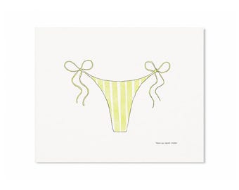 Bikini Watercolor Art Print - Green Stripe - Summer Coastal Home Decor