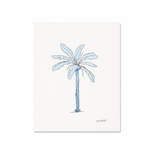 May include: A watercolor painting of a palm tree in shades of blue. The tree has a slender trunk and a crown of long, curved leaves. The artwork is on a white background and signed in the bottom right corner.
