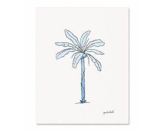Blue Palm Tree Print on Fine Art Paper - Coastal Watercolor - Colorful Palm Tree Painting