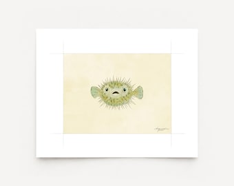 Puffer Fish Watercolor Print on Fine Art Paper - Coastal, Tropical, Beach, Florida, Ocean Art