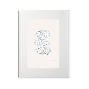 Raw Bar - Oyster Line Drawing Blue on Tea Background - Line Drawing Art Print - Oyster Print - Line Drawing Print