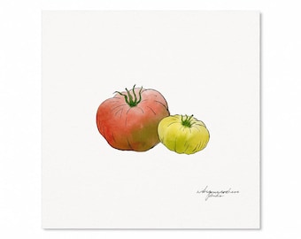 Red and Green Heirloom Tomato Watercolor Square Print -  Summer, Farm, Vegetable, New England Art
