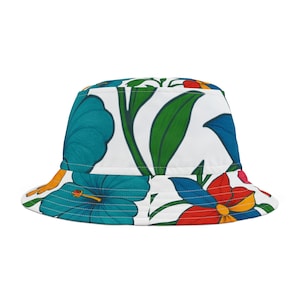 Chapéu de balde com estampa floral tropical, chapéu de sol estiloso para o dia na praia, acessório de verão para férias, presente exclusivo para ela, chapéu de balde moderno
