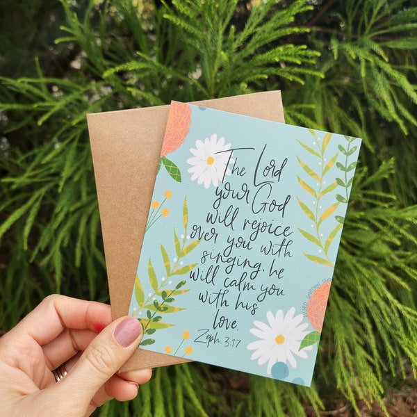 He Rejoices Over You With Singing | Encouraging Bible Verse Greeting Card | Zephaniah 3:17