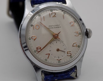 Watch "ANTICHOC" 15 Jewels/Mechanical Watch/1960s/Vintage Antimagnetic Watch/Women's Watch/Home/Pretty Design/Blue Leather Strap/Origin/
