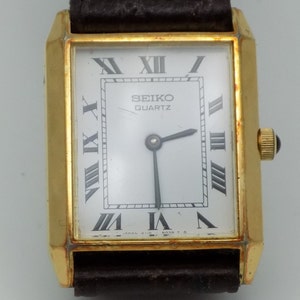SEIKO Vintage Watch, Japan Watch, Rectangular Watch, Case, Gold, Steel, Year 1960, Leather Strap, N.751227, Quartz