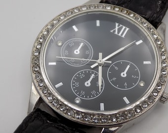 Fancy Watch, Women's Watch, Pretty Steel Dial, Set with Stones, Leather Strap, Quartz Watch, Gift Idea.