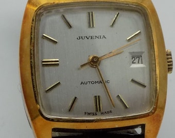 JUVENIA Vintage Watch, Swiss Watch, Square Watch, Case, Gold, Steel, Year 1960, Leather Bracelet, N.86548, Automatic, Dater