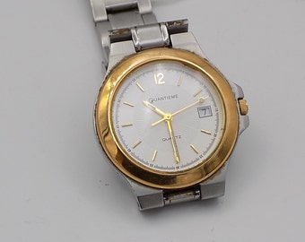 QUANTIEME, Vintage Watch, Round Watch, Women's Watch, Gold Frame, Steel Case, Steel Bracelet Elegant Watch