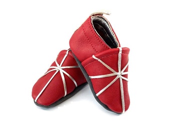 Red and Metallic Silver 6-12 mo. Leather Baby Booties Shoes Moccasins