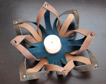 Handcrafted Leather Tealight Candle Holder in Blue